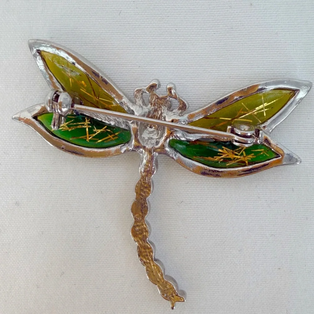 Silver Tone Dragonfly Brooch Green Yellow Enamel Wings Clear Rhinestone 103-235
